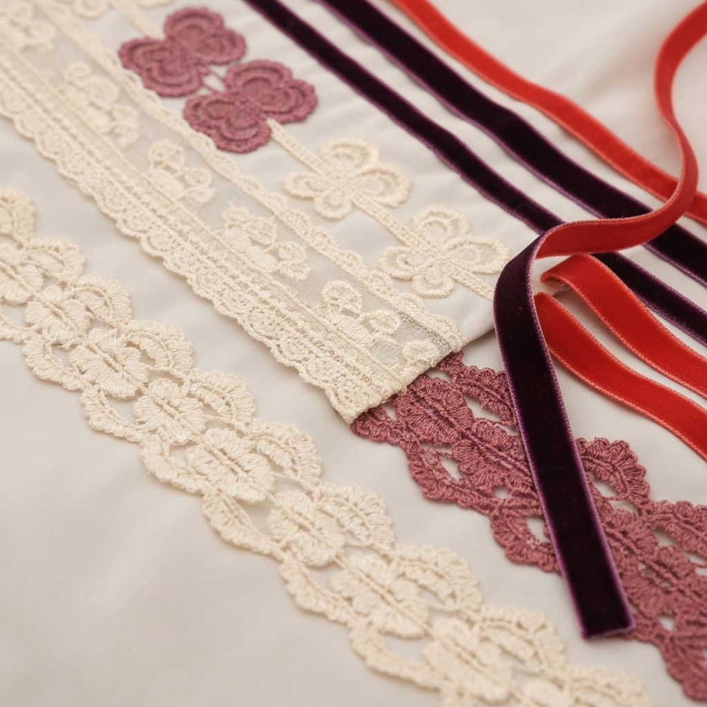 Decorative lace and garment trims arranged for apparel production